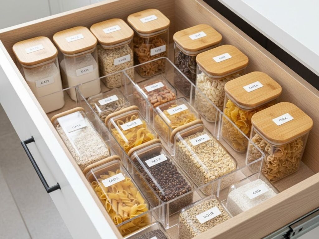 Open kitchen drawer organized with clear containers of oats, pasta, rice, and other dry goods.