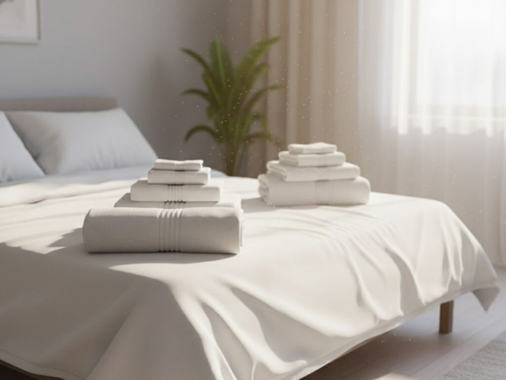 Stack of white, neatly folded towels and a rolled towel on a white bed.