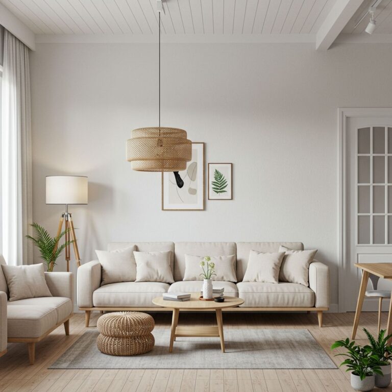 Minimalist living room with light walls, a long beige sofa with many pillows, and natural wood and rattan accents.