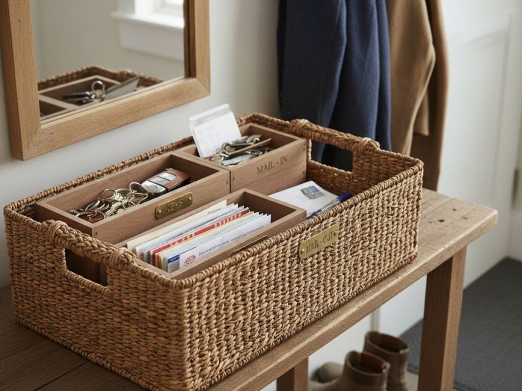 Entryway organizer basket on a wooden bench, holding mail, keys, and a "Mail-Out" divider, with a mirror above it.
