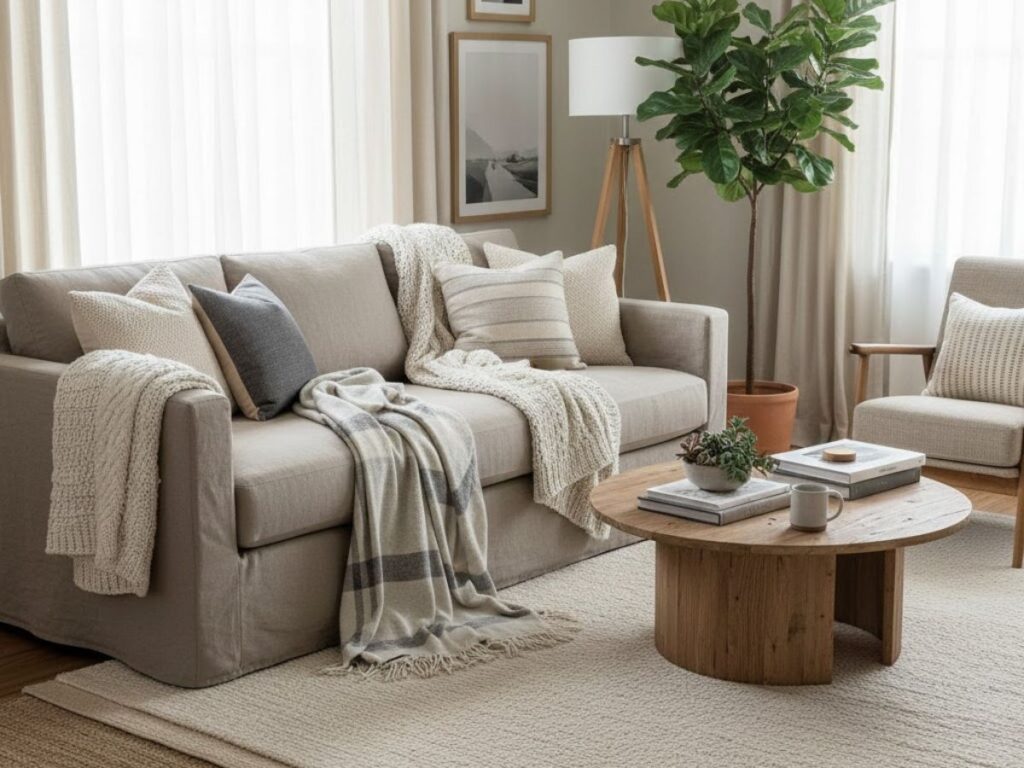 Cozy living room with a neutral-colored sofa draped in knit blankets and pillows, a round wooden coffee table, and a large fiddle leaf fig plant.