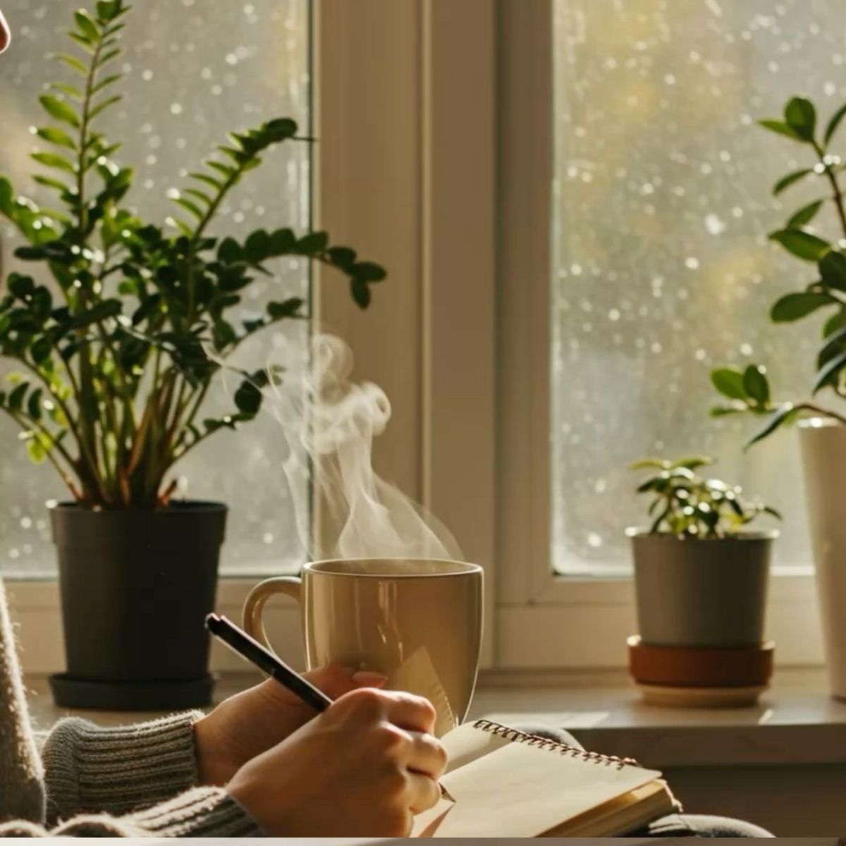 A cozy indoor scene with a person writing in a notebook next to a window with potted plants