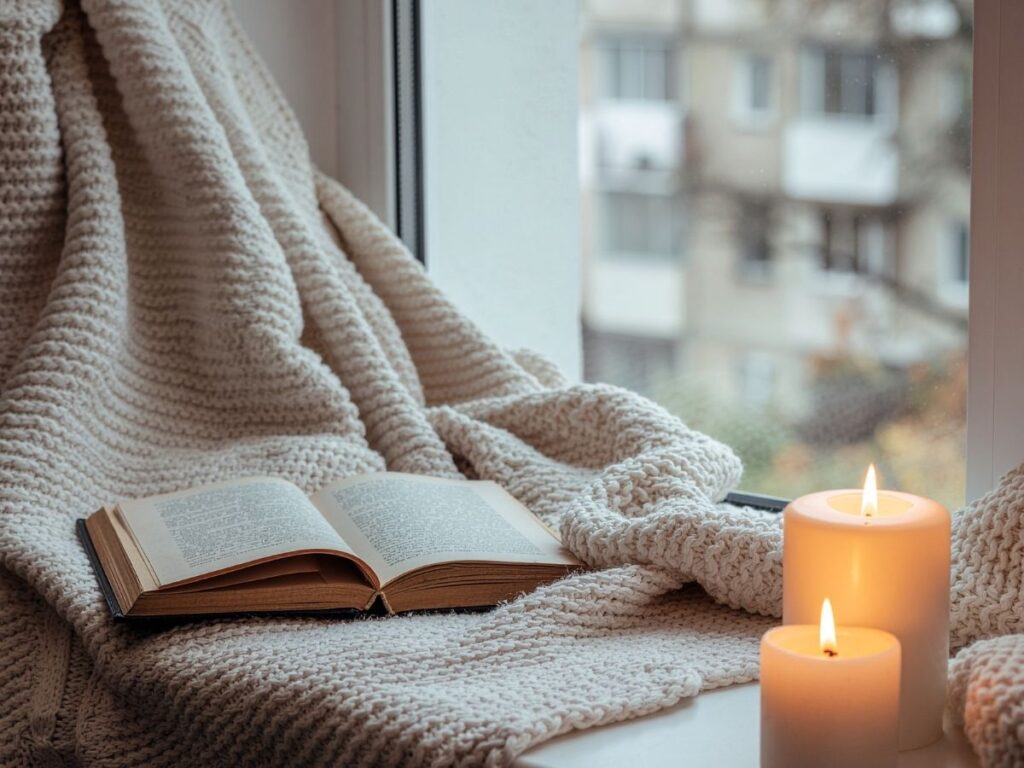 An open book resting on a thick, cream-colored knit blanket draped over a window ledge next to two lit pillar candles.