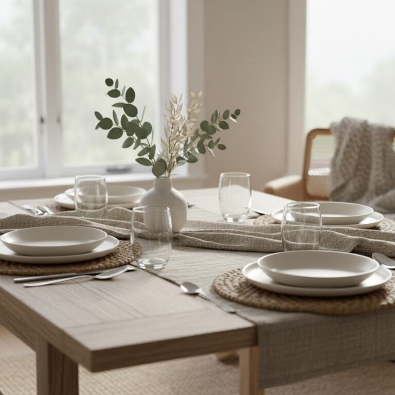 A neutrally toned dining table set with four place settings and a simple greenery centerpiece
