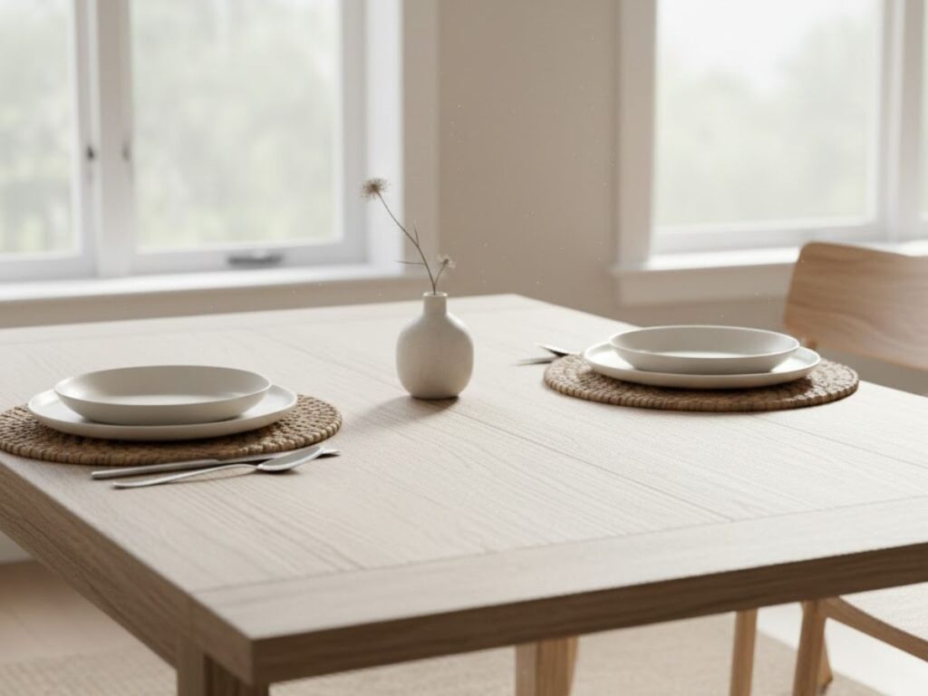 A wooden table set with two plates on woven placemats and a small bud vase
