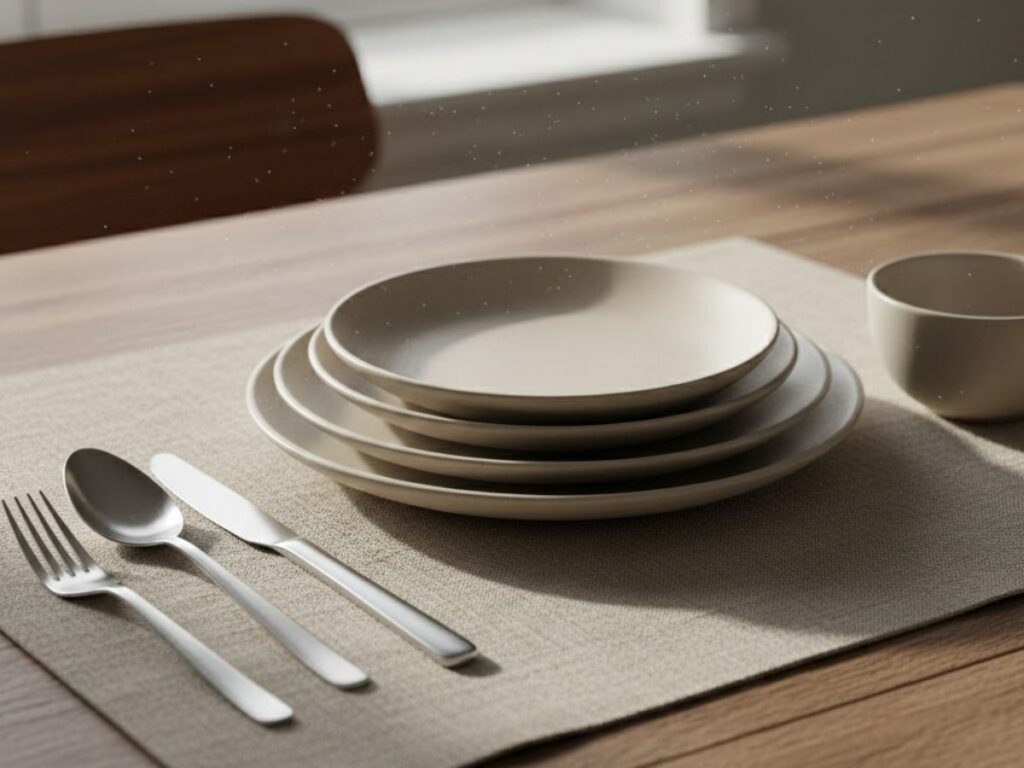 A minimalist table setting featuring a stack of four matte beige ceramic plates on a linen placemat, with silver cutlery and a matching bowl under soft, natural light.