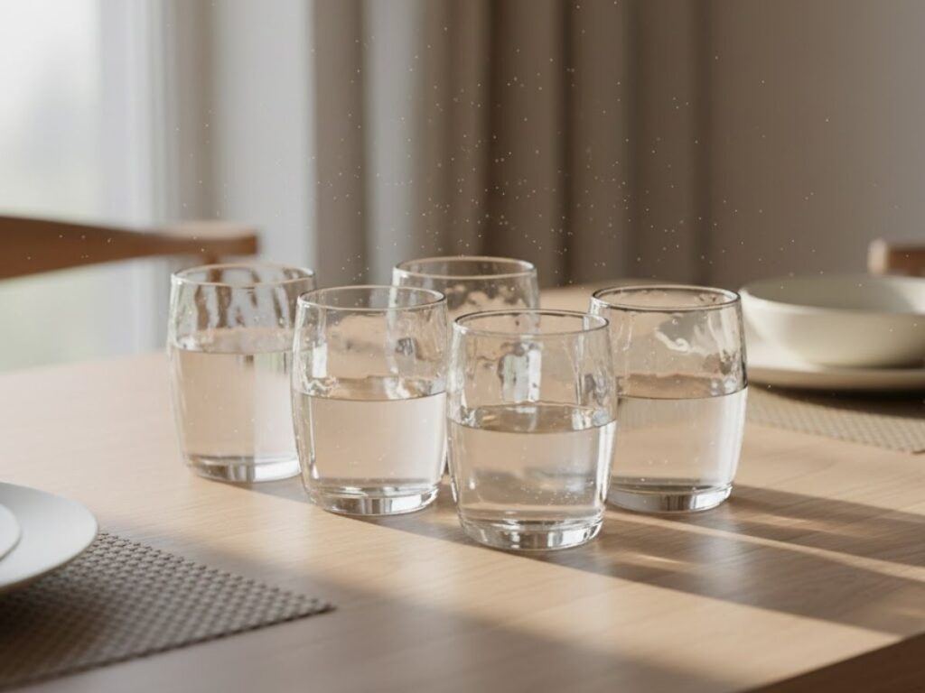 Five clear drinking glasses filled with water on a light wood table in a sunlit room.