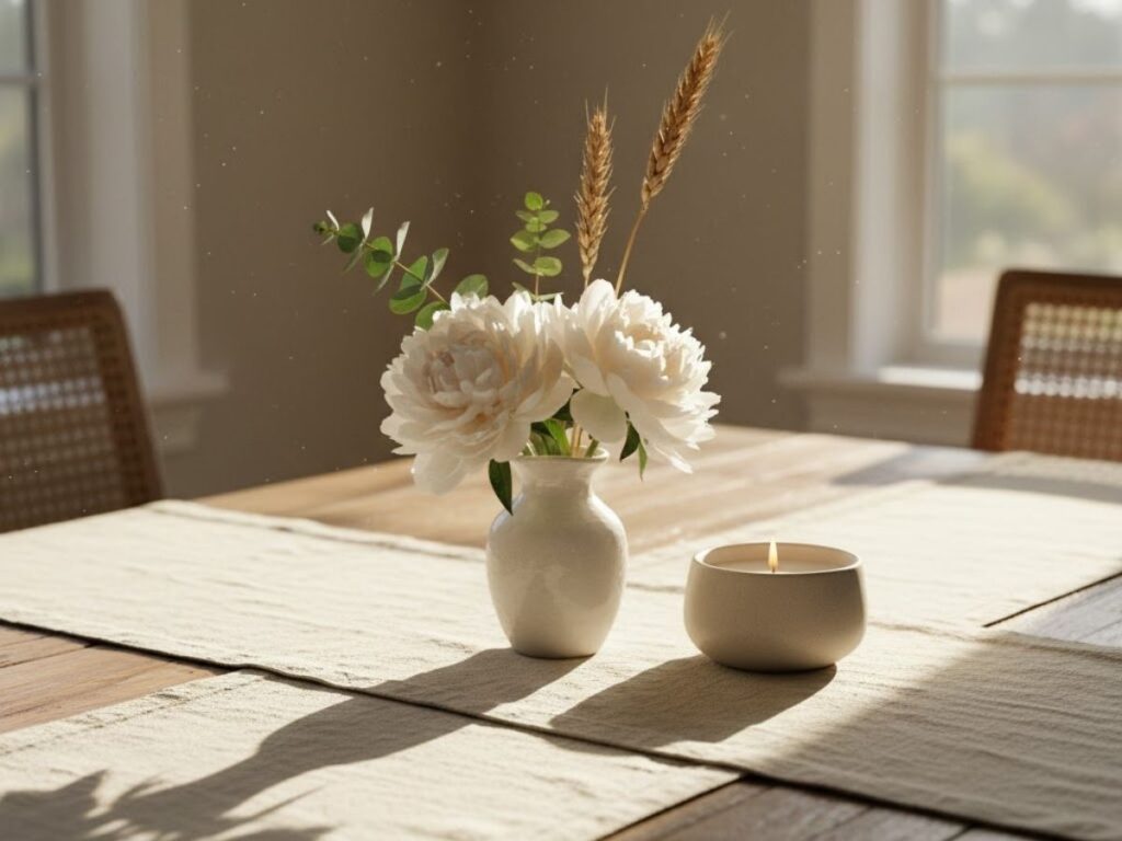 A minimalist centerpiece featuring a small white vase of peonies and a lit candle on a linen table runner.