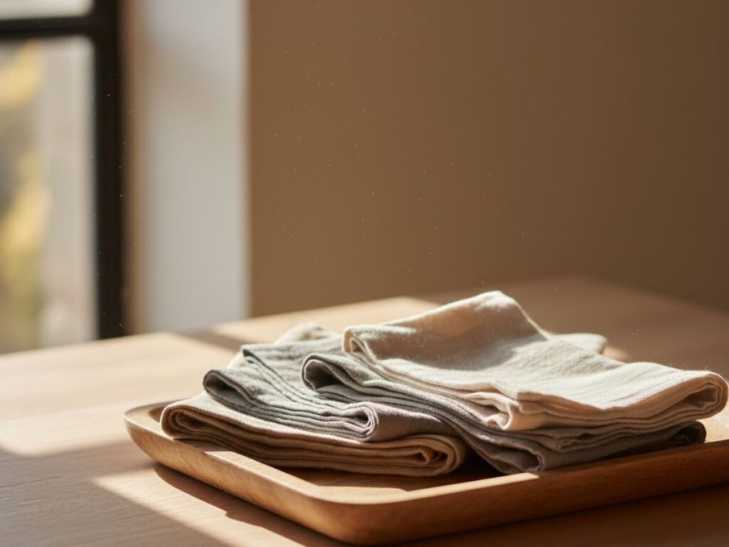 A stack of folded linen napkins in muted earth tones sitting on a wooden tray in soft, natural light
