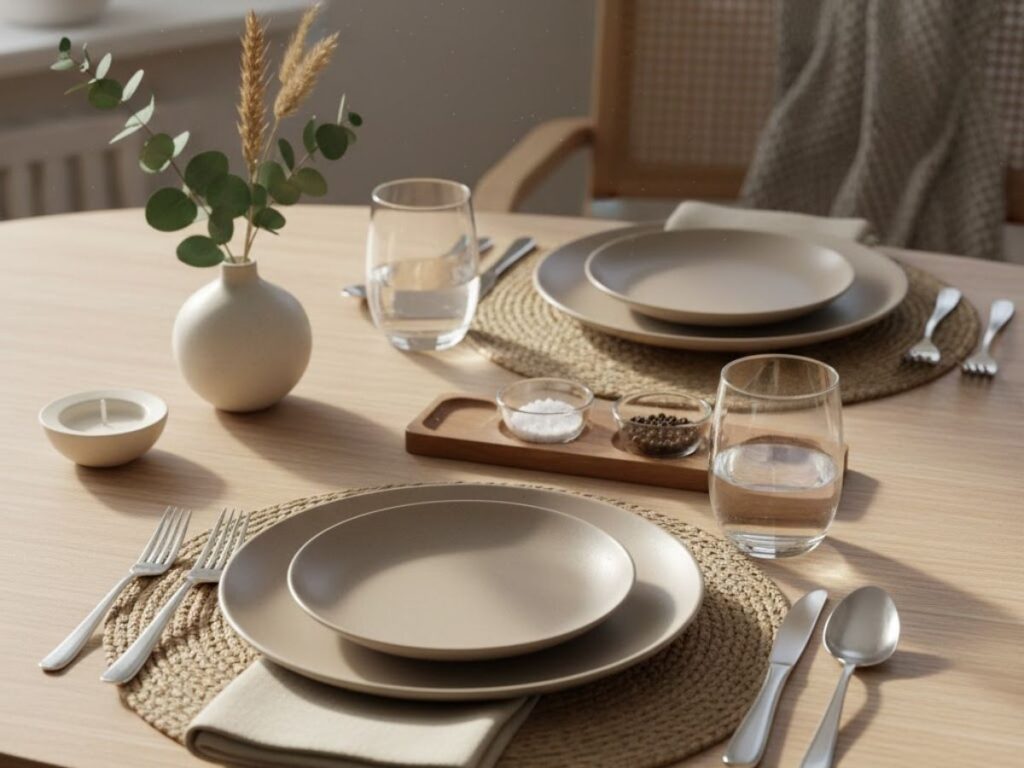 Two complete minimalist place settings on a wooden table with matte beige plates, woven placemats, and silver cutlery