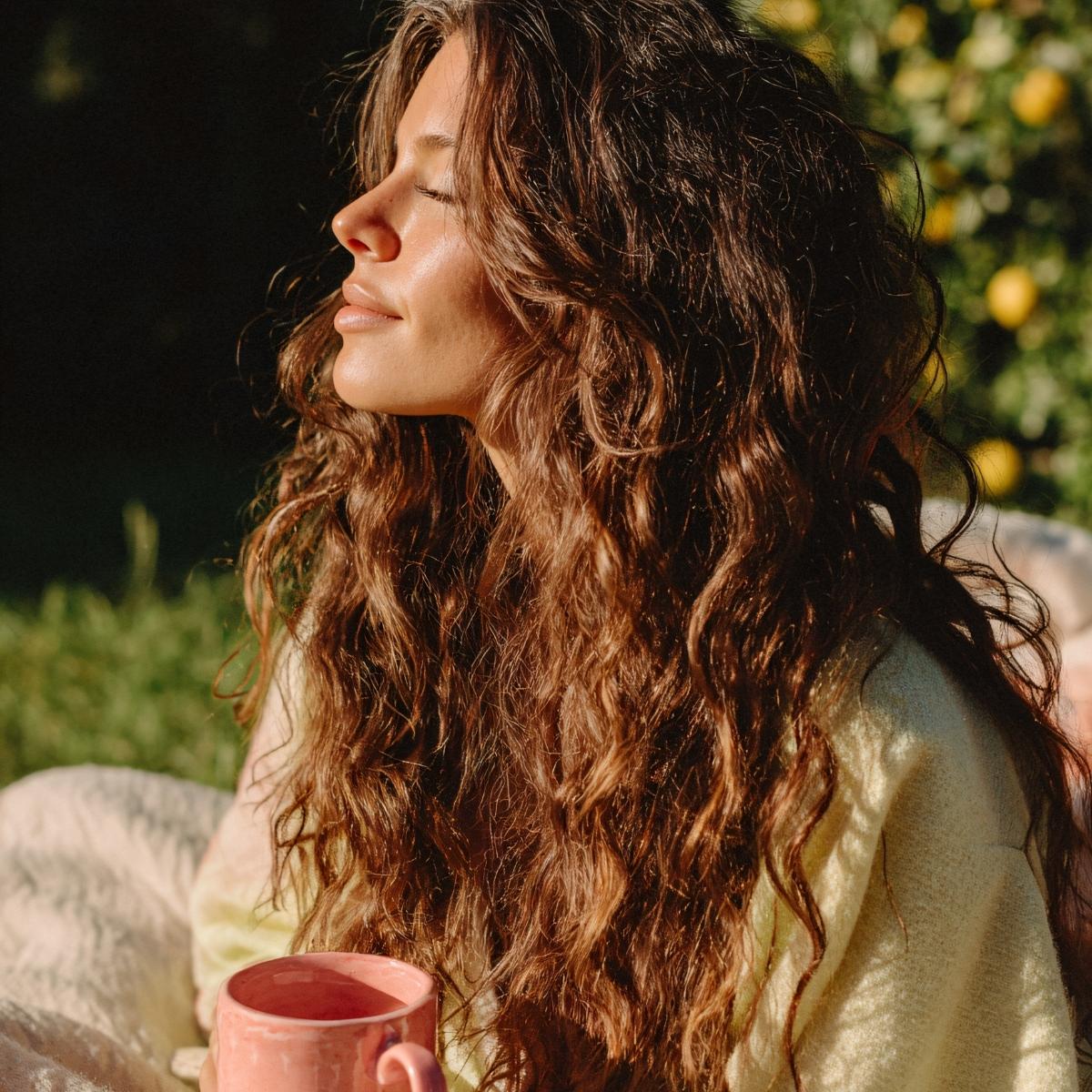 Woman with long, wavy brown hair sitting outside with her eyes closed, enjoying the sun, with a pink mug in the foreground.