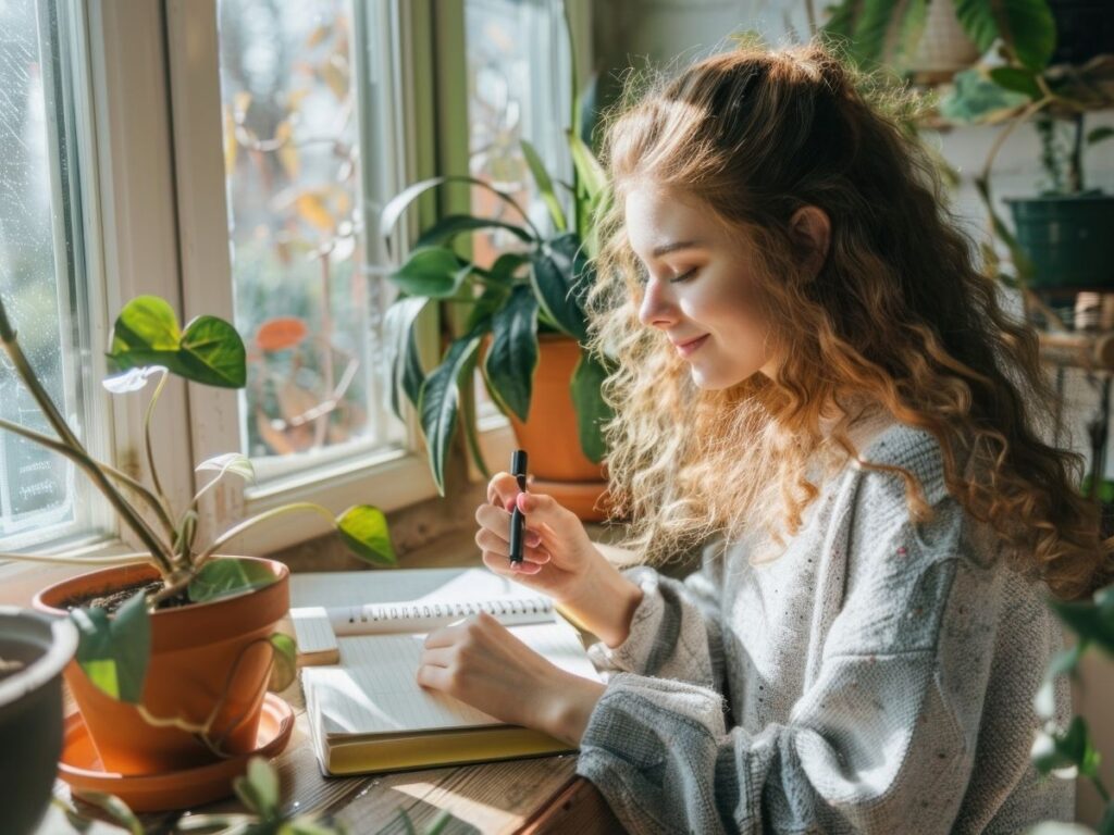 Smiling woman with curly red hair sitting at a window writing in a notebook, surrounded by lush potted plants.