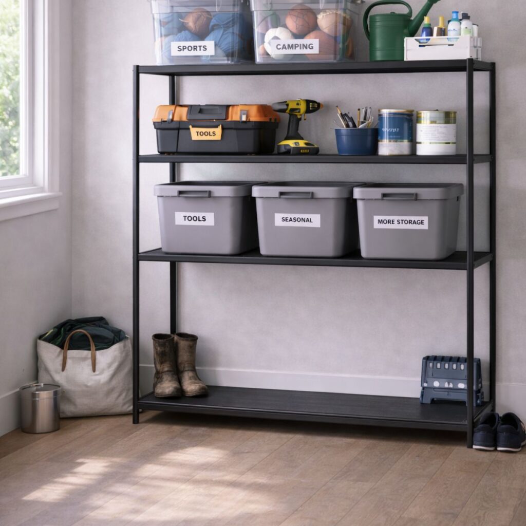 Garage shelving with labeled bins for sports, camping, tools, and seasonal storage