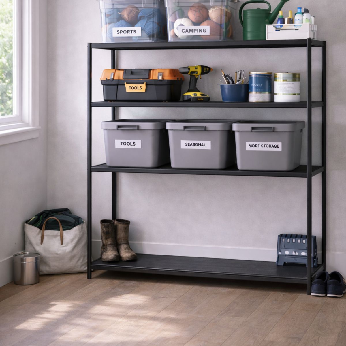 Garage shelving with labeled bins for sports, camping, tools, and seasonal storage