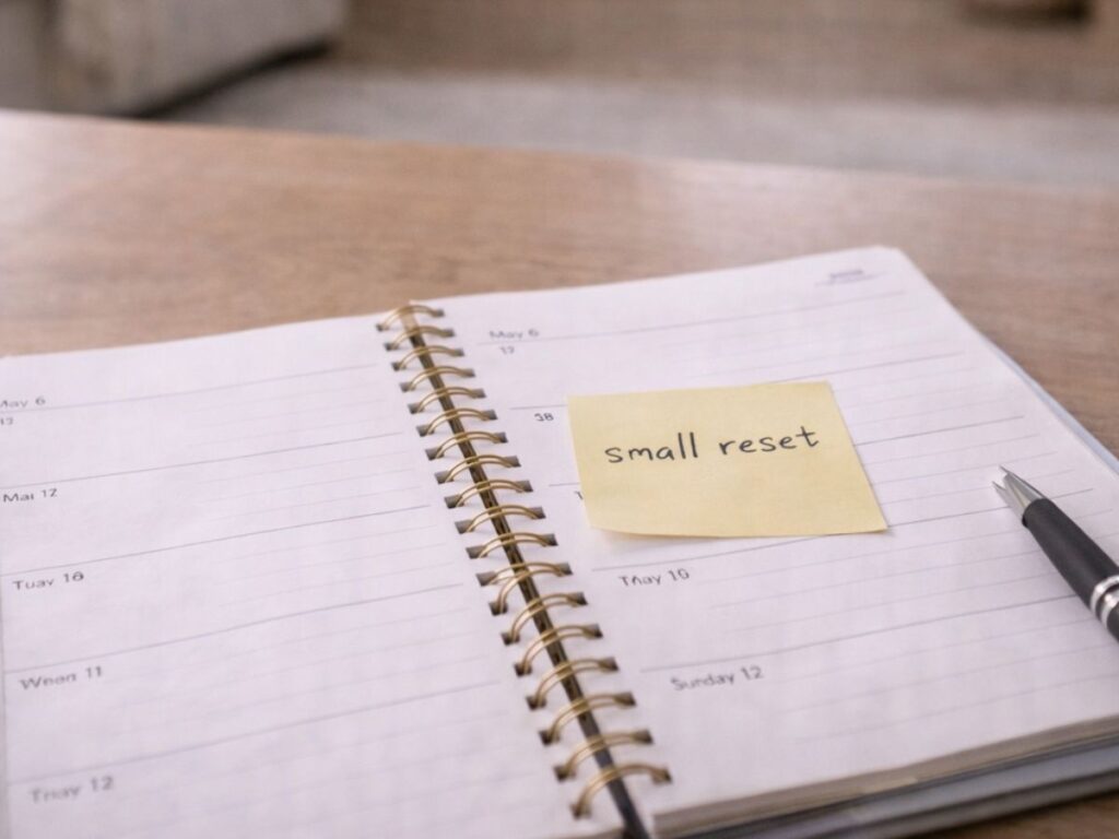 Open planner with sticky note reading “small reset”