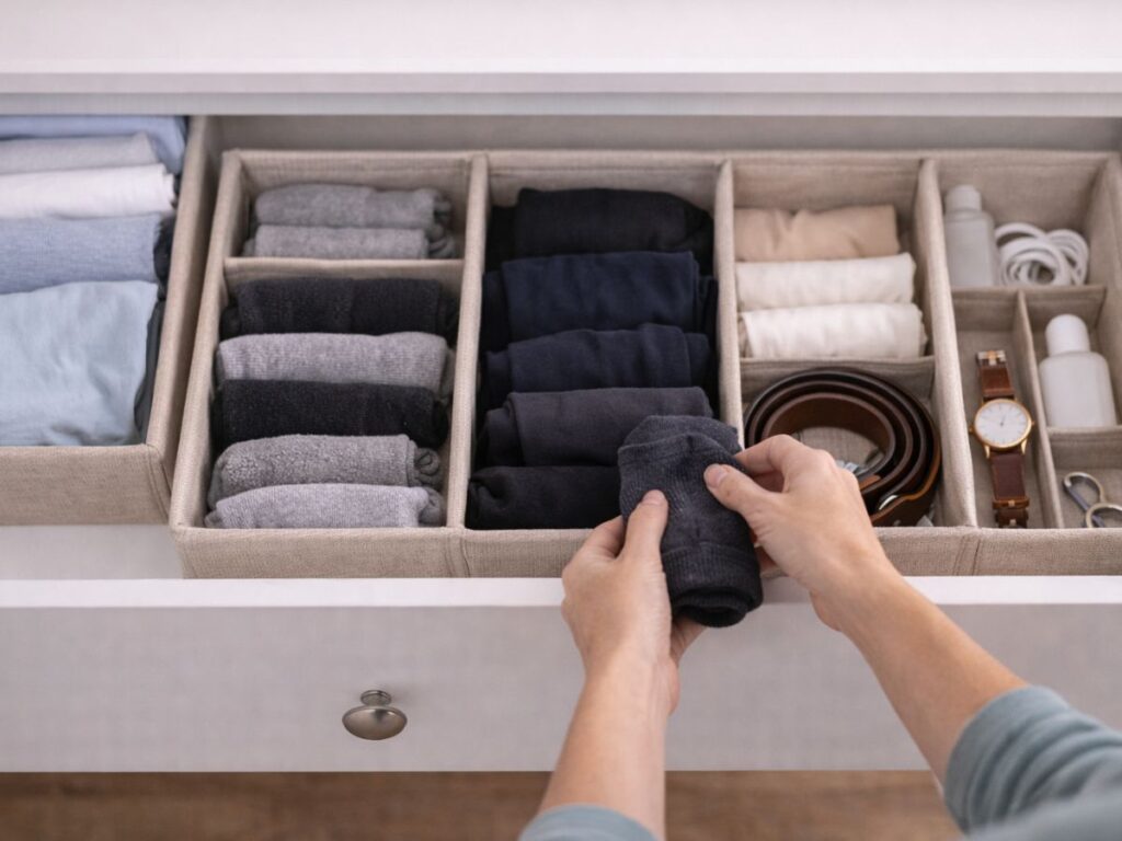 Organized dresser drawer with socks, belts, and accessories