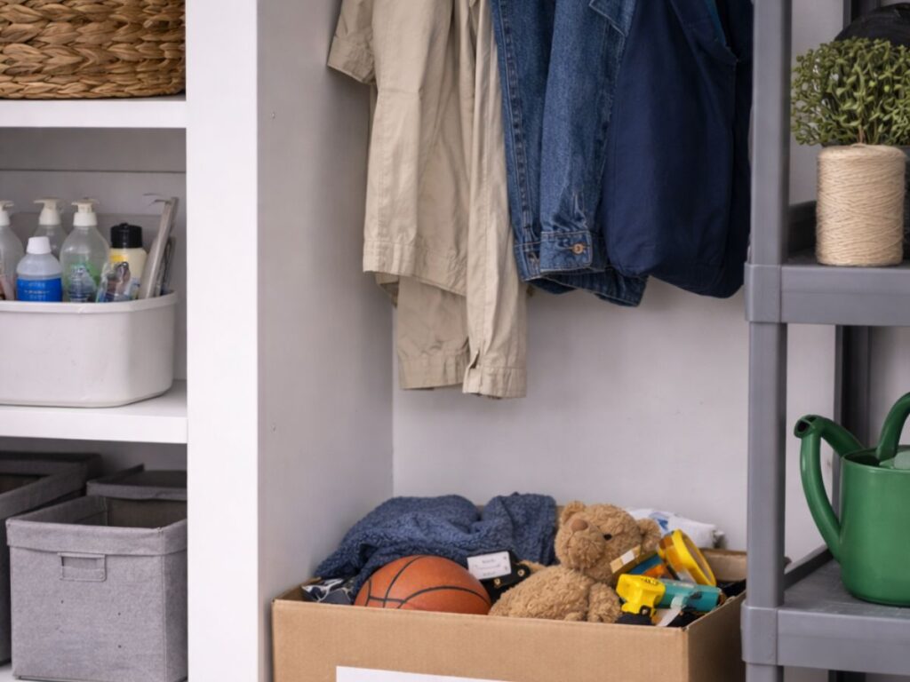 Donation box filled with clothes and toys in an organized closet