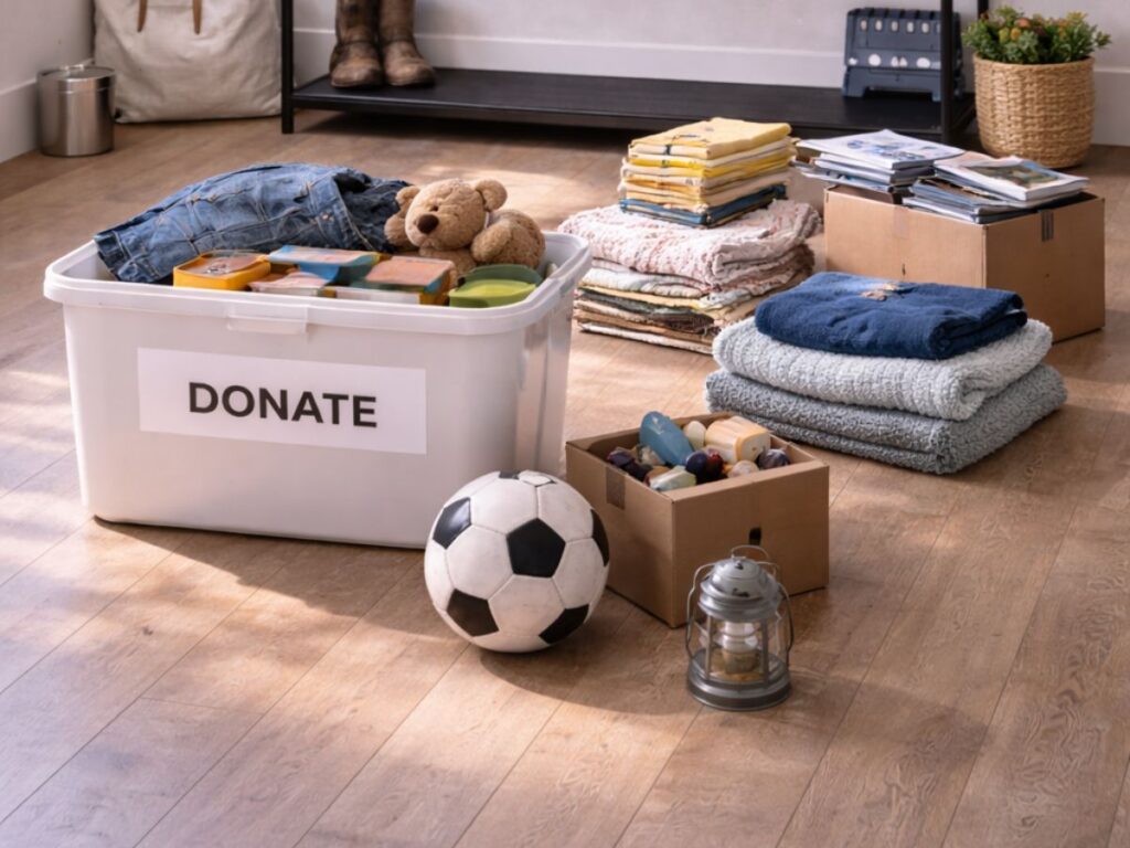 Garage decluttering scene with donation bin, folded items, and labeled storage shelves