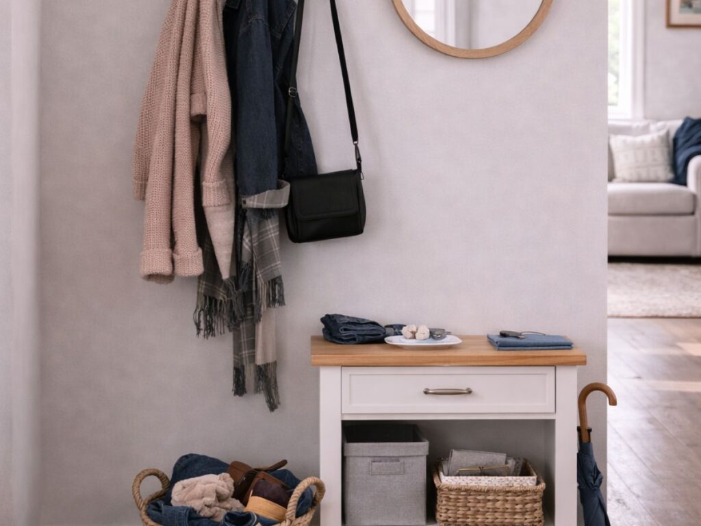 Entryway with wall hooks, storage bench, basket, and mirror