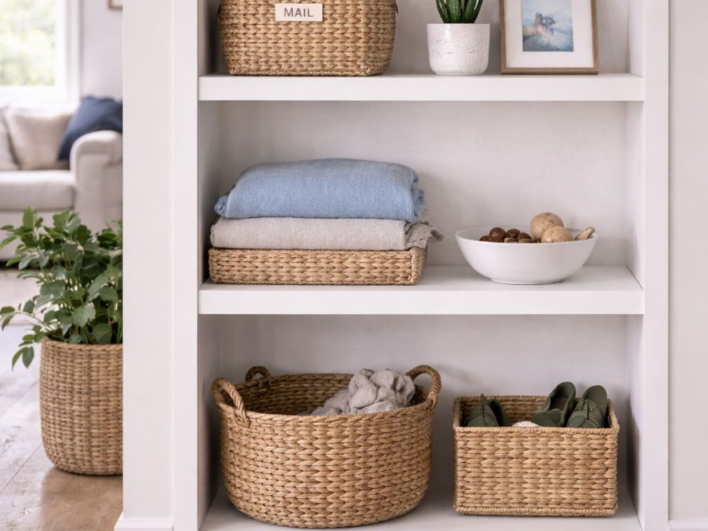 Built-in shelves with woven baskets, plants, folded linens, and mail storage