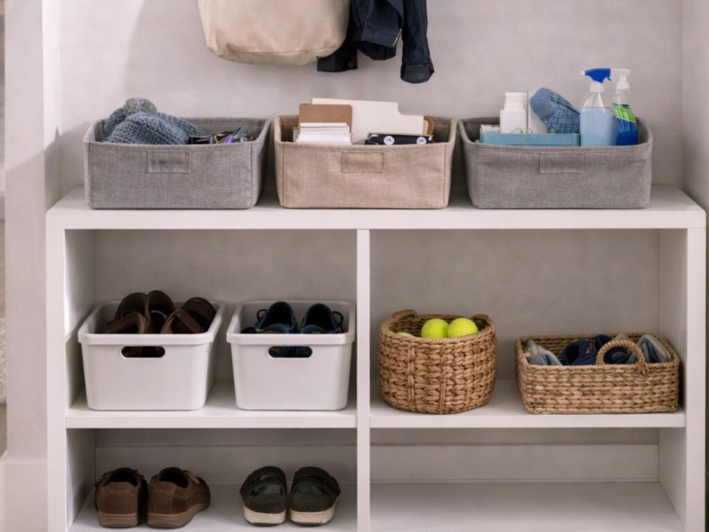 Entryway storage with wall hooks, bench cubbies, baskets, and shoes