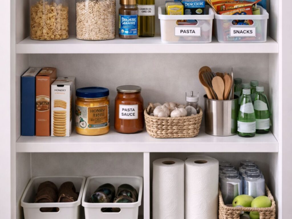 Organized pantry shelves with labeled bins for snacks, pasta, and backstock