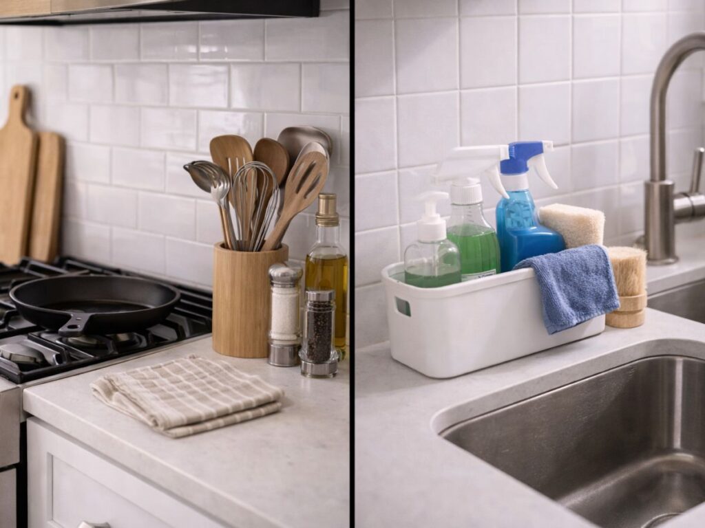 Organized kitchen counter and sink with utensils and cleaning supplies