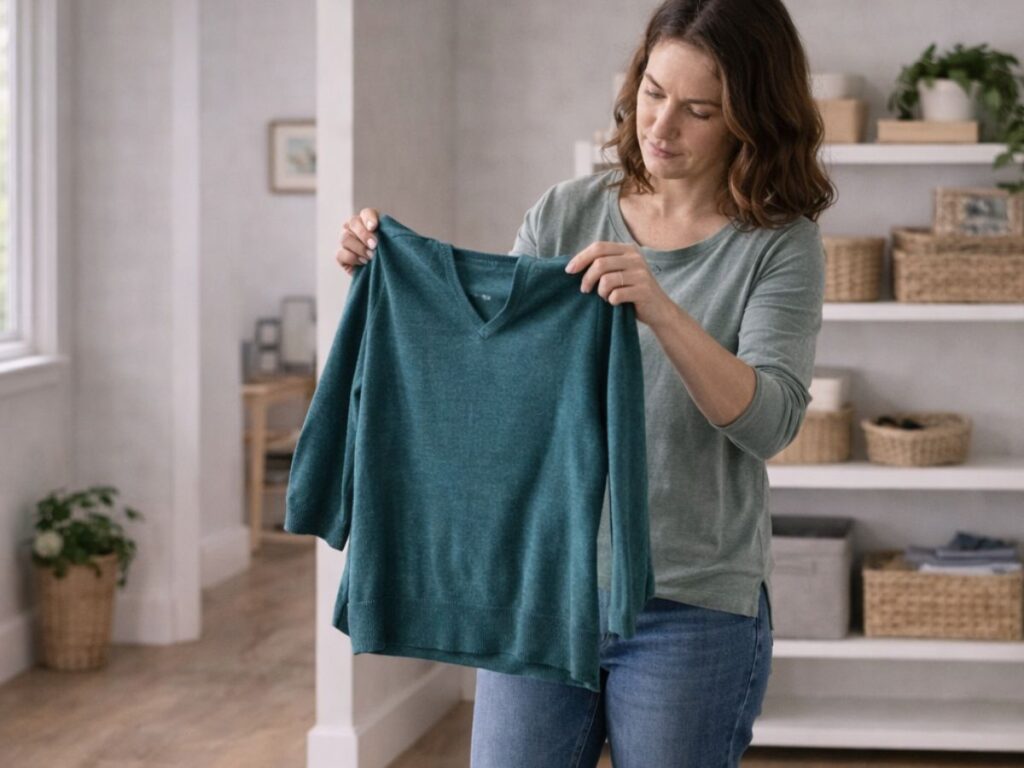 Woman sorting clothes into a donation bin at home