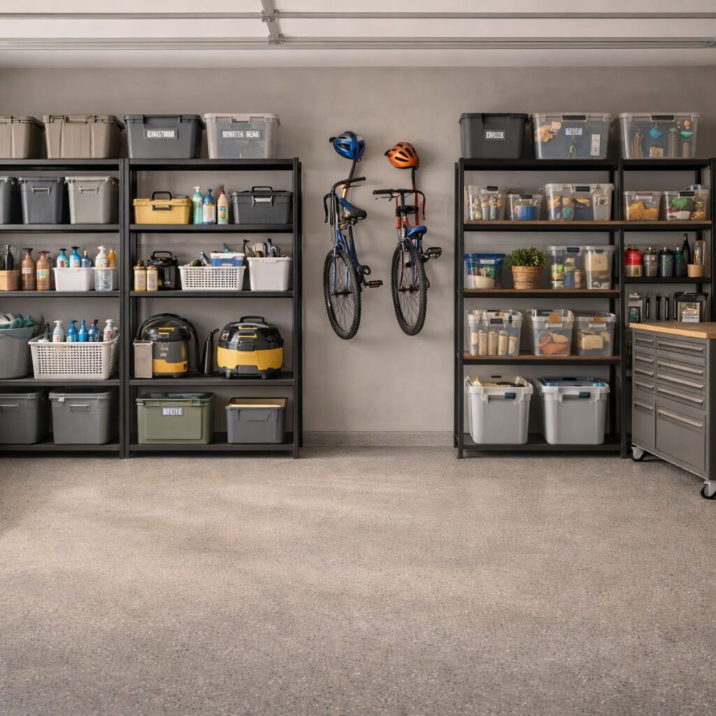 Clean, well-organized garage with labeled bins, wall-mounted bikes, and open floor space.