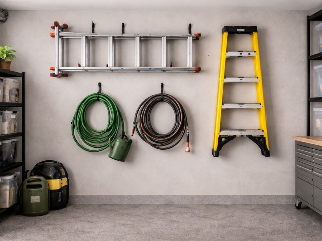 Wall-mounted ladder and coiled hoses for a clean, space-saving garage setup.