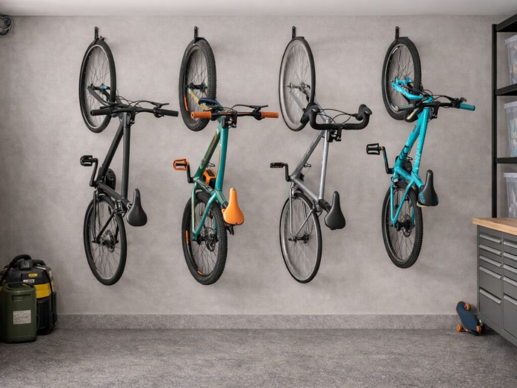 Wall-mounted bicycles neatly stored to save garage floor space.