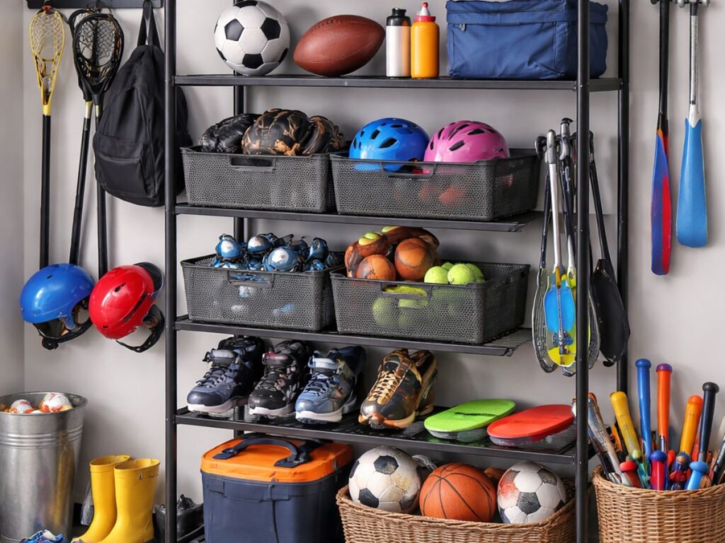 Organized garage shelving with sports balls, helmets, shoes, and gear in bins