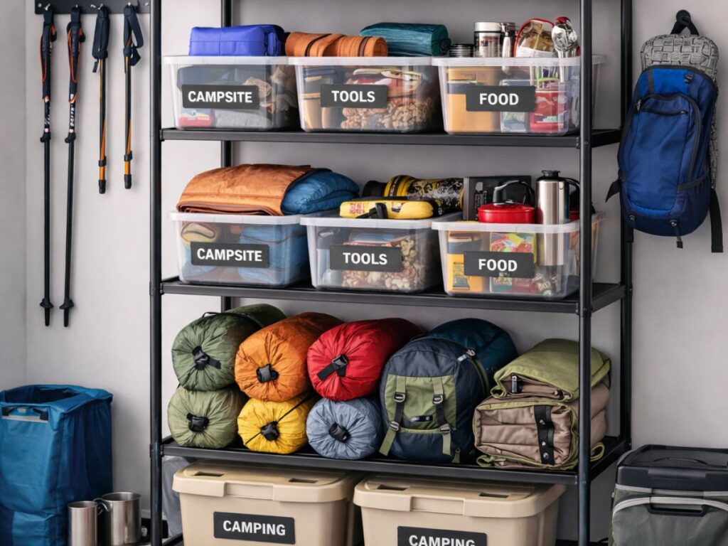Garage shelving with labeled bins storing camping, food, tools, and safety gear