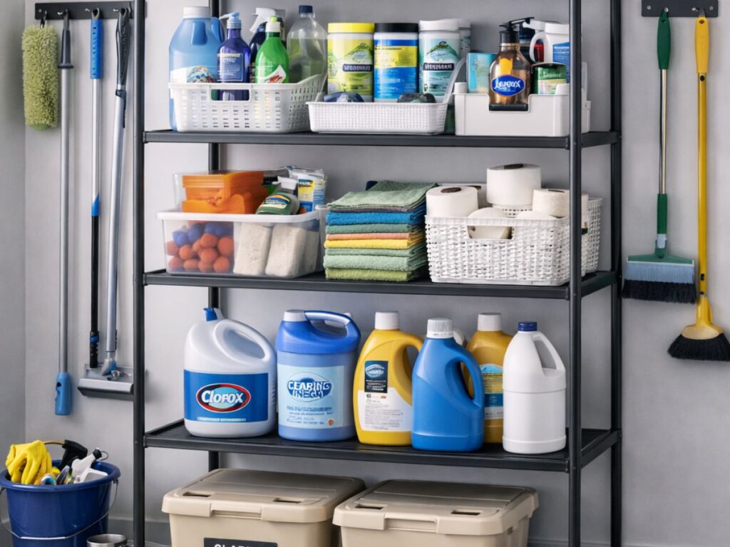 Garage shelving organized with cleaning supplies, paper towels, and storage bins