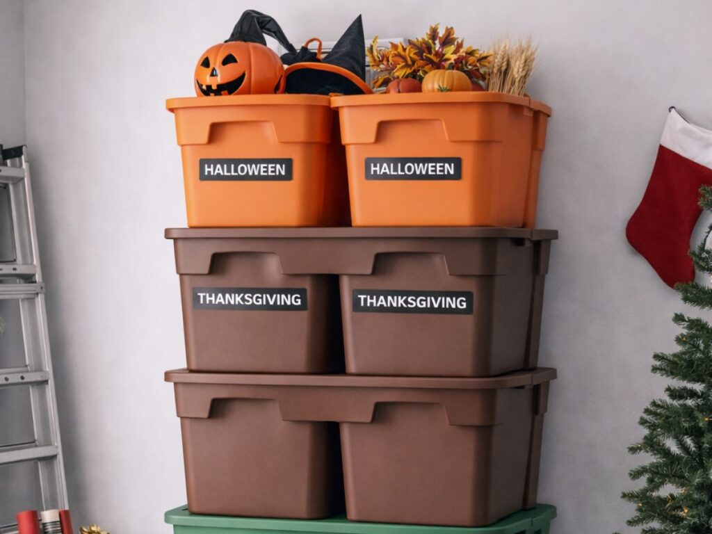 Stacked storage bins labeled Halloween, Thanksgiving, and Christmas