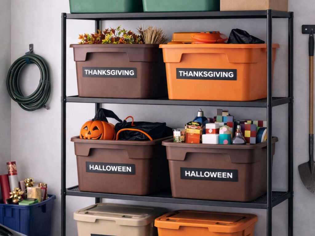 Garage shelving with labeled bins for Christmas, Thanksgiving, and Halloween decor