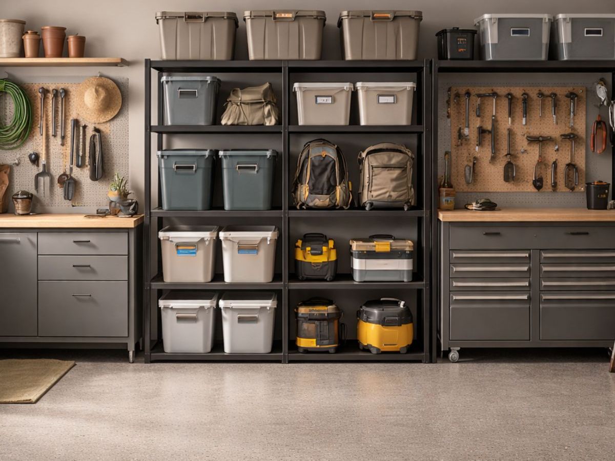 Organized garage with shelves, storage bins, tools, and gardening supplies neatly arranged.