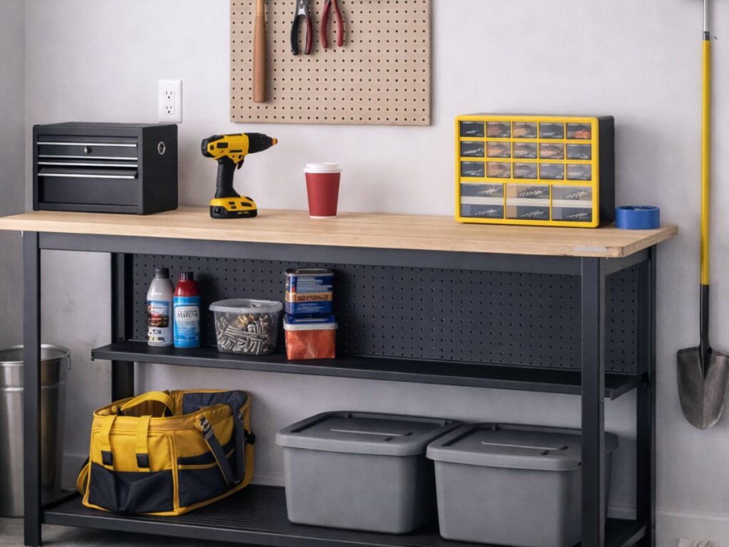 magnetic tool strip mounted on garage wall with hand tools.jpg
