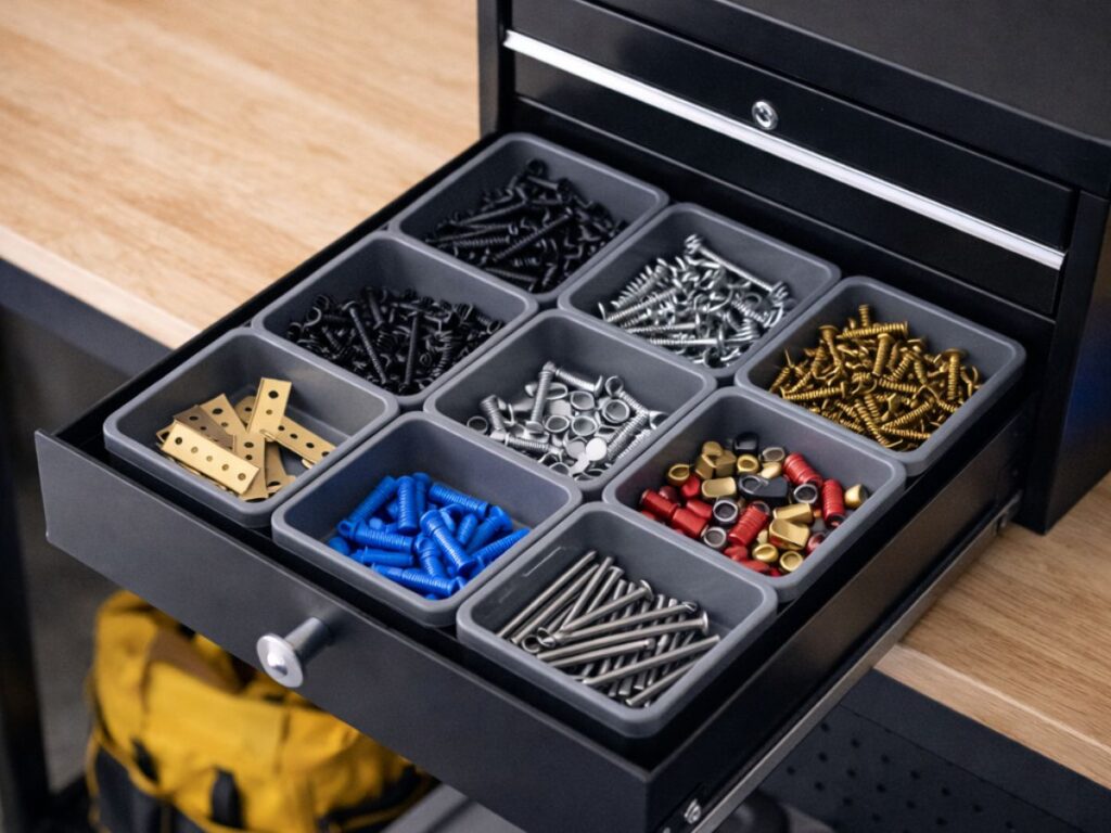 Open tool drawer with neatly sorted screws, bolts, and hardware