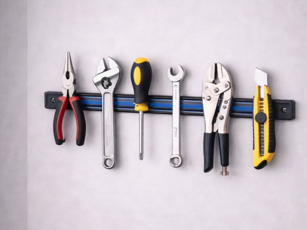 Wall-mounted magnetic strip holding hand tools in a garage