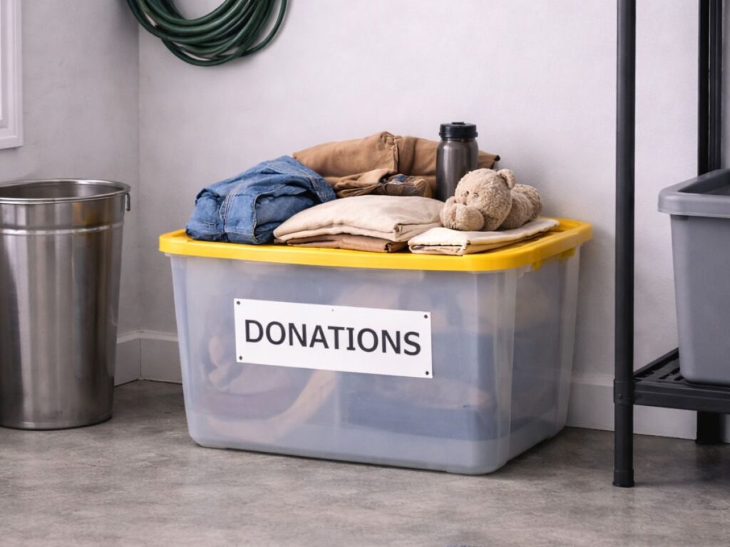 Clear storage bin labeled donations filled with folded clothes
