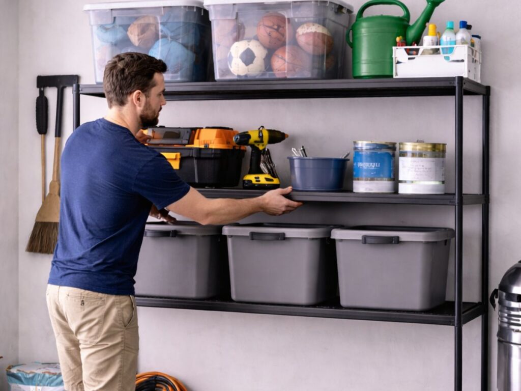 Man organizing garage shelving with storage bins and tools
