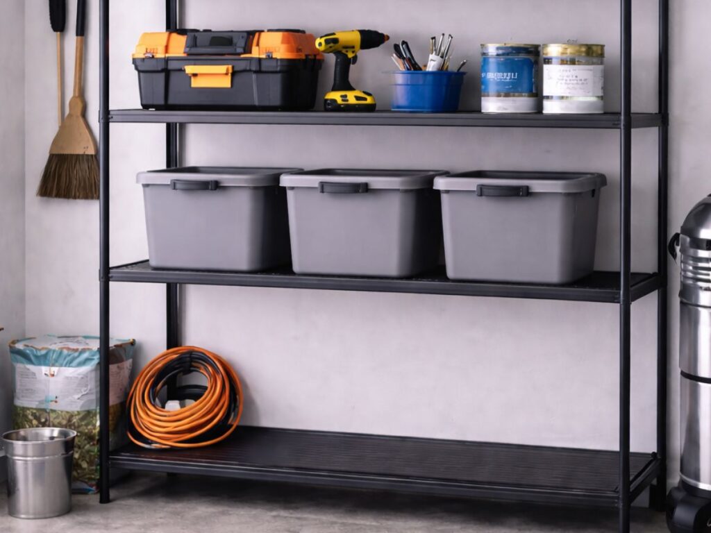Garage shelving with storage bins, tools, watering can, and sports equipment