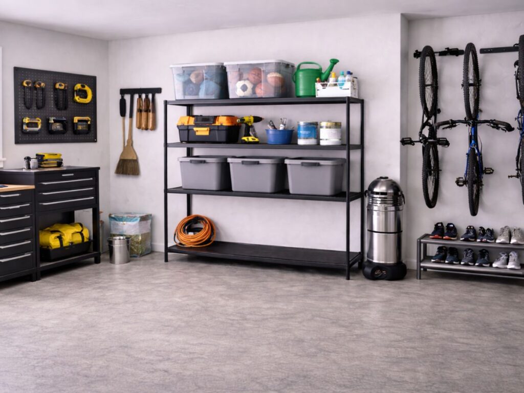 Organized garage with shelving, workbench, bike storage, and shoe rack