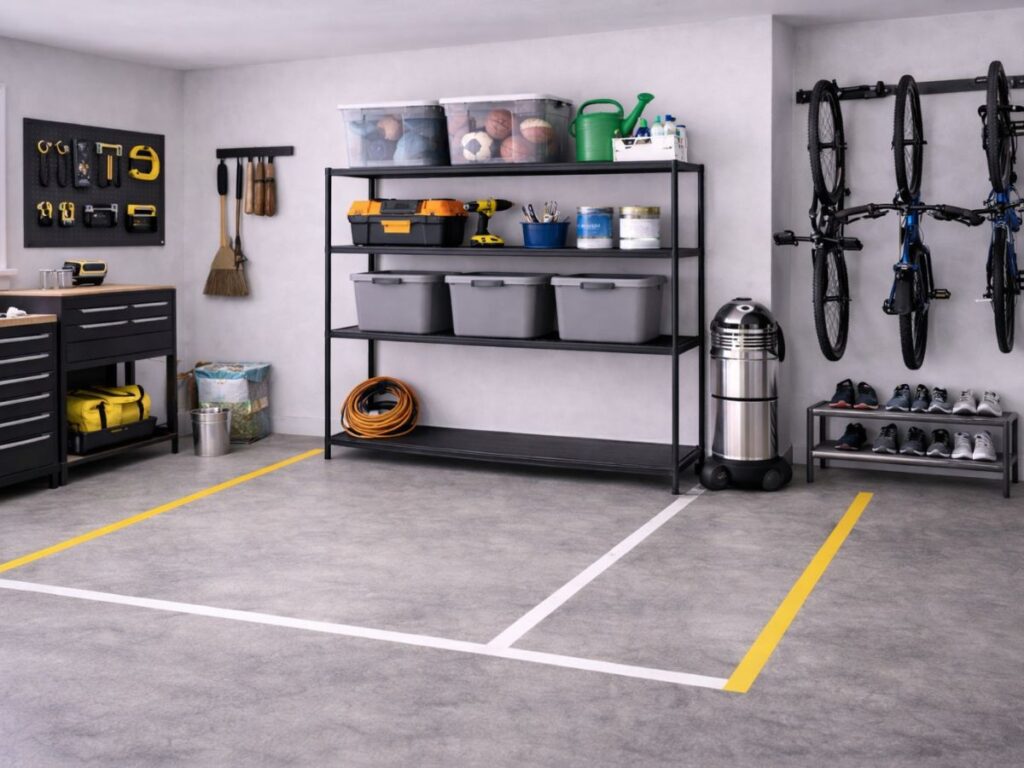 Garage organization with shelving, bike racks, workbench, and parking zone lines