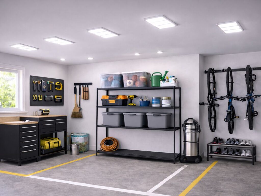 Well-lit garage with organized shelving, workbench, bikes, and floor markings