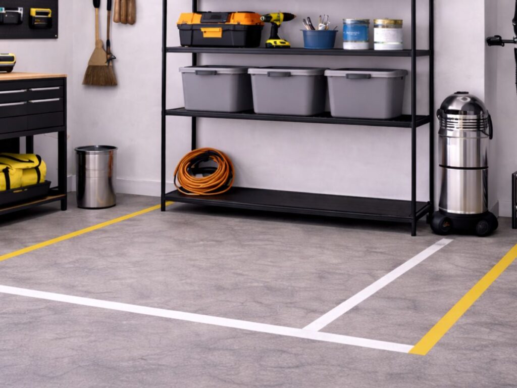 Clean, organized garage with shelving, workbench, bikes, and marked parking space