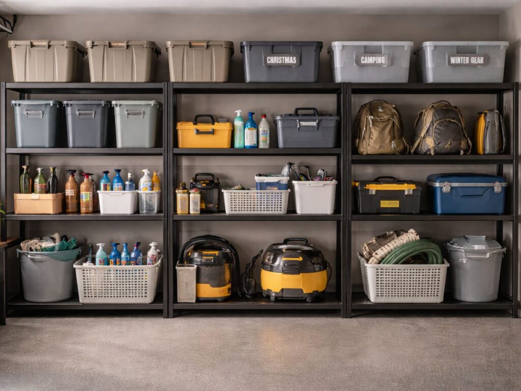 Labeled storage bins neatly organized on sturdy garage shelves.