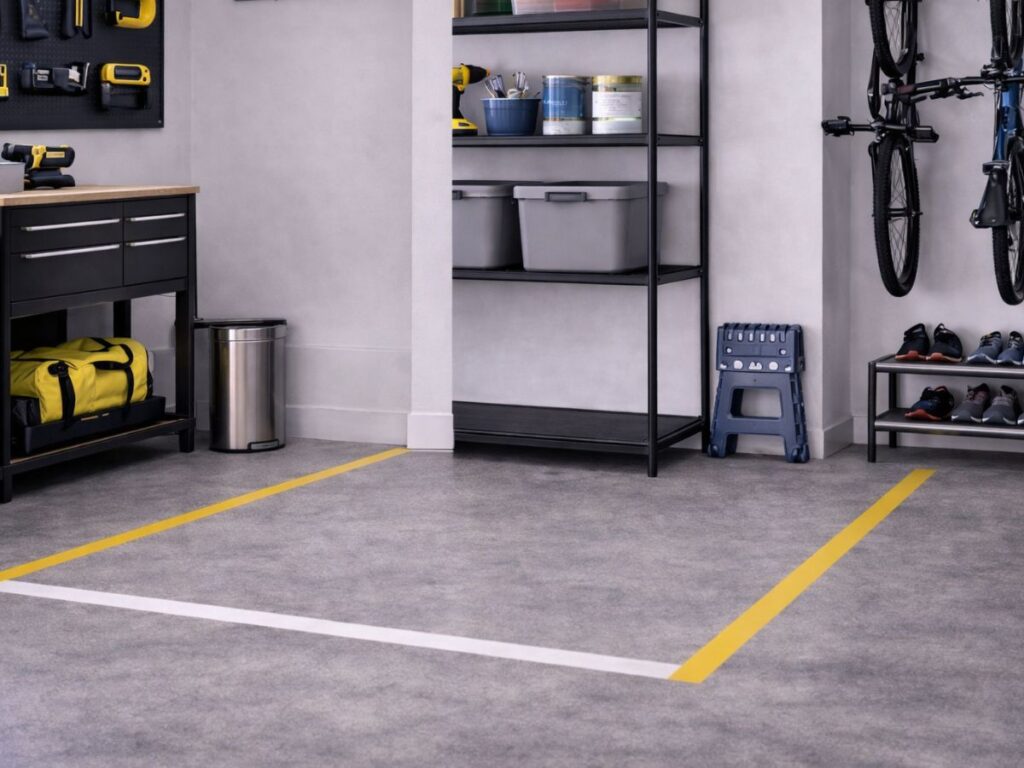 Garage floor with painted parking lines beside organized storage and bikes