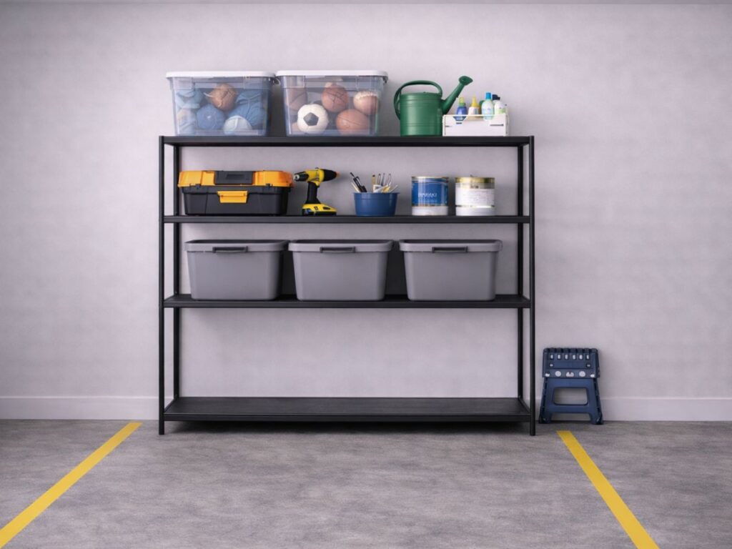 Minimal garage shelving with bins, tools, and parking lines